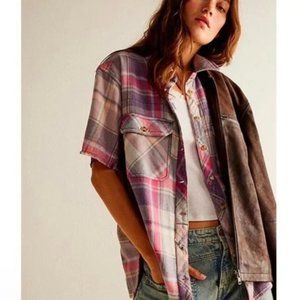 NWT $98 Free People M Vintage Crushed Plaid Shirt Gray Red Combo NEW We the Free